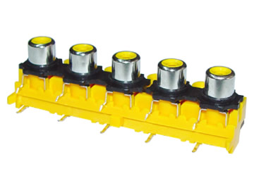 AV插座 AV5-8.4-14 90度五聯排10P三腳插板 4螺孔 黃色膠芯