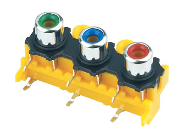 AV插座 AV3-8.4-14 90度三聯排6P兩腳插板 雙螺孔 黃底座 綠藍紅三色