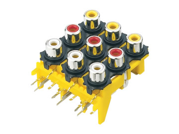 AV插座 AV9-8.4-13B 90度三層三聯排17腳插板 四孔黃底座 黃紅白三色