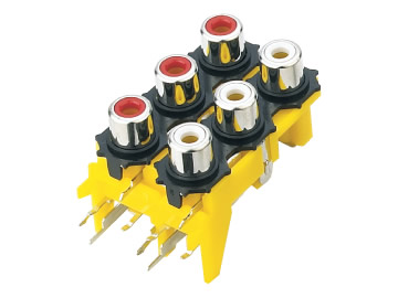 AV插座 AV6-8.4-13B 90度三層三聯排 12P插板 雙孔 黃黑底座 紅白色