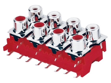 AV插座 AV8-8.4-13P2 90度雙層四聯排 12P兩腳插板 三孔 紅色底座 紅白插口