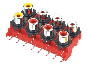 AV插座 AV8-8.4-13 90度雙層四聯排 12P兩腳插板 紅底座 黃紅白色