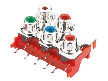 AV插座 AV5-8.4-13P2 90度雙層五聯排 8P兩腳插板 紅色底座 白紅綠藍4色插口