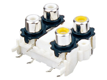 AV插座 AV4-8.4-13B 90度雙層雙聯排 6P兩腳插板 雙螺孔 白色底座 白黃色插口