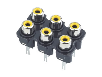 AV插座 AV6-8.4-7B 180度六聯排9P插板 雙孔 黑底座黃色插口